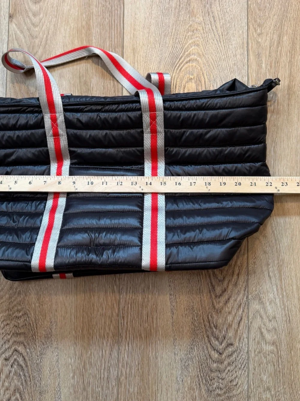 Think Royln Wingman Quilted Puffer Tote Black Red Silver Stripe